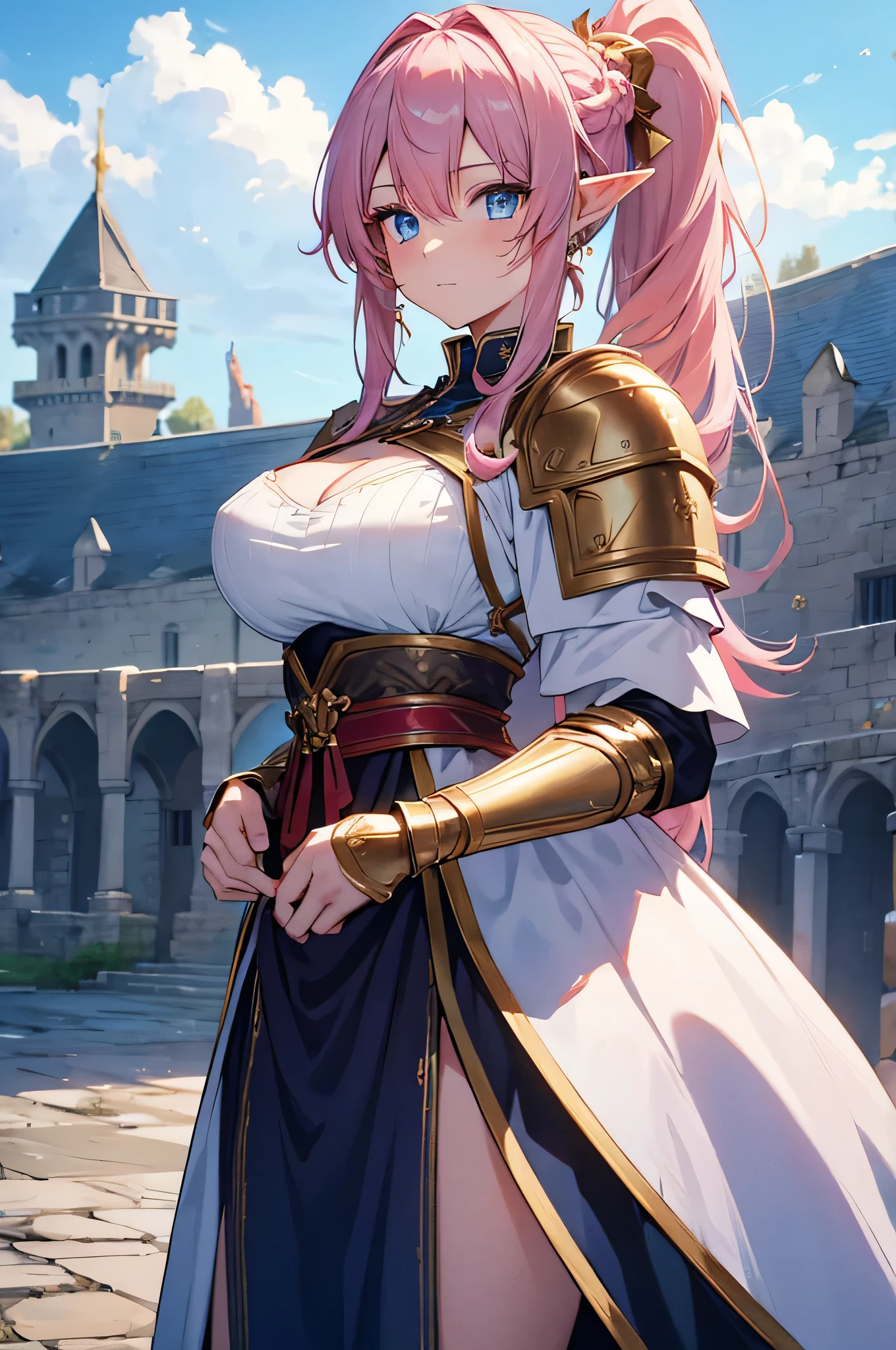 4K,High resolution,One Woman,Elf,Pink Hair,Long Ponytail,Braid,Blue Eyes,Big Breasts,knight,White sacred armor,Full Armor,hair band,Gold decoration,Jewelry decoration,Long sword,Medieval castle