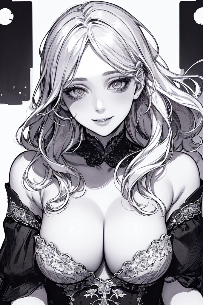 Highest quality, (Background duplication), High Contrast, Super Beauty, Original illustration details, Sensual, Delicate face, Charm, Great atmosphere, sexy, Real breasts, Crazy Smile, Crazy Eyes, looking at the camera, (White Background:1.5), Beautiful line art, Monochrome
