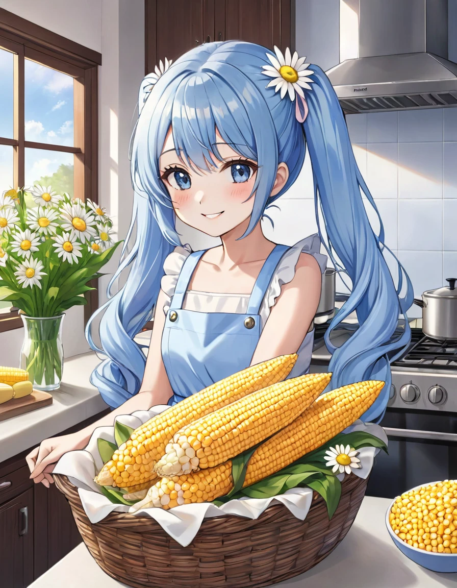 A kitchen decorated with lots of daisies、The corn is piled in a basket、Light blue long hair、beautiful girl with twin tails、Smiling while grilling corn、The girl is holding corn、Kitchen bathed in morning sun、A kitchen full of flowers