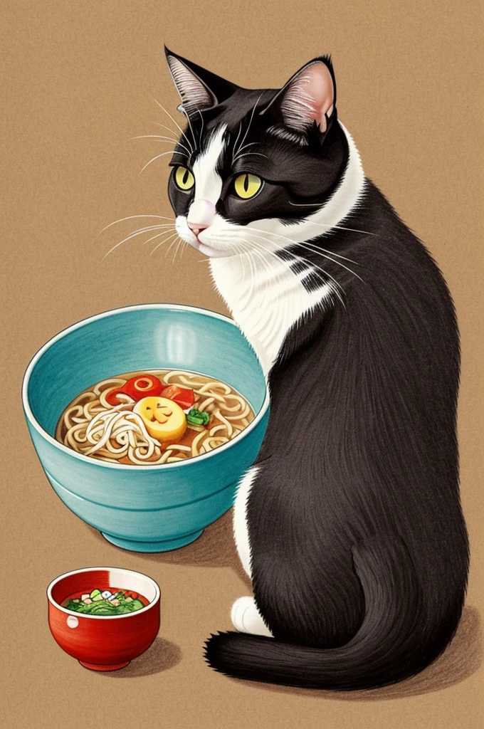 Drawing of a kawaii style cat savoring a delicious bowl of ramen