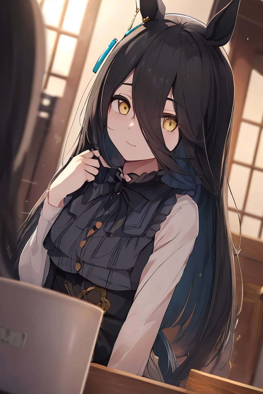 (Tabletop.Highest quality).(Dynamic Angle). (Amazingly detailed CG paintings),(Perfect Image)、Comic Strip.shape.One Girl.Detailed face、Perfect Face.Delicate face、Girl in delicate clothes、Textured skin、Black Hair.length、(Horse-eared girl)Horse-eared girl、((Beautiful yellow eyes)).Delicate and beautiful eyes、The eyes are detailed、Reflective Eyes、Watery eye、smile.(Gazing at the audience:1.3).(Face is a little red:0.8)、8k wallpaper、Cowboy Shot、reflected light、The finest details、Complex、Delicate background、Textured skin、Detailed skin、(Ultra-high resolution)、