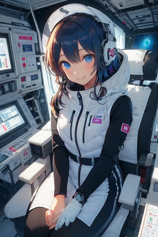 masterpiece, highest quality, high resolution, breasts, 20yo,1 girl,(solo):2,,blonde hair,(inside space station):2,flying:2,floatong:2,zero gravity,wind:1.5,anime lovelive style,

BREAK
headphone,(futurstic tight-fit bodysuit):2,(shiny silver long downvest):100,(northface silver metallic puffy downvest):2,(puffy):2,(black sleeves):5,(black tights):2,(black belt),futuristic boots and gloves,(smartwatch):100,astrovest
BREAK
1 girls, sitting in spacecraft cabin with 4-point seat belt, securely fastened, space station interior, looking out of large windows at Earth below, beautiful eyes, she have aluminum foil pouch,(aluminum foil pouch with plastic viewing window):2, contains nutritious liquid or puree together, smiling and chatting, bright and cheerful expressions, high quality cinematic lighting, detailed textures, sharp focus,blue hair,blue eyes,
