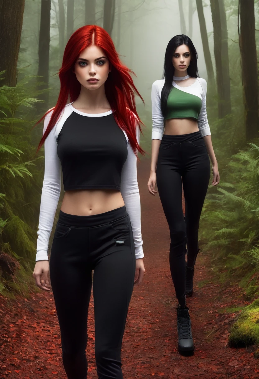 girl with black hair with long straight red highlights, Eyes red, dominant and dark look, veins in the neck and arm. black cropped outfit and black sweatpants, walking in a foggy forest, next to her friend a 16 year old girl, orange red hair, greeneyes, white cropped outfit and white jeans, in the style of the Shadowhunters series, very realistic