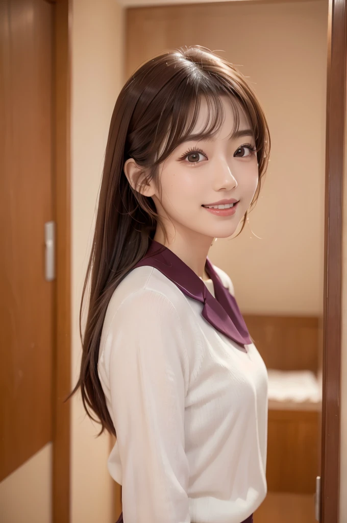 whole body, Iris, woman1名, (woman)), alone, Genuine, Highest quality, photoGenuineistic, masterpiece, 8K, High Definition, alone, HDTV Face, Soft lighting, Bedroom, ((Daytime)), null, (looking at the camera), (Portraiture: 0.6), whole body, (Medium Hair), ponytail, Brown Hair, Floating Hair, lips, lipstick, seductive smile, Floating Hair, smile, Open your mouth, teeth, eyelash, Nogizaka46, Moeka Tada, Akari Suda, Idol, beautiful girl, ((uniform)), (((Are standing))