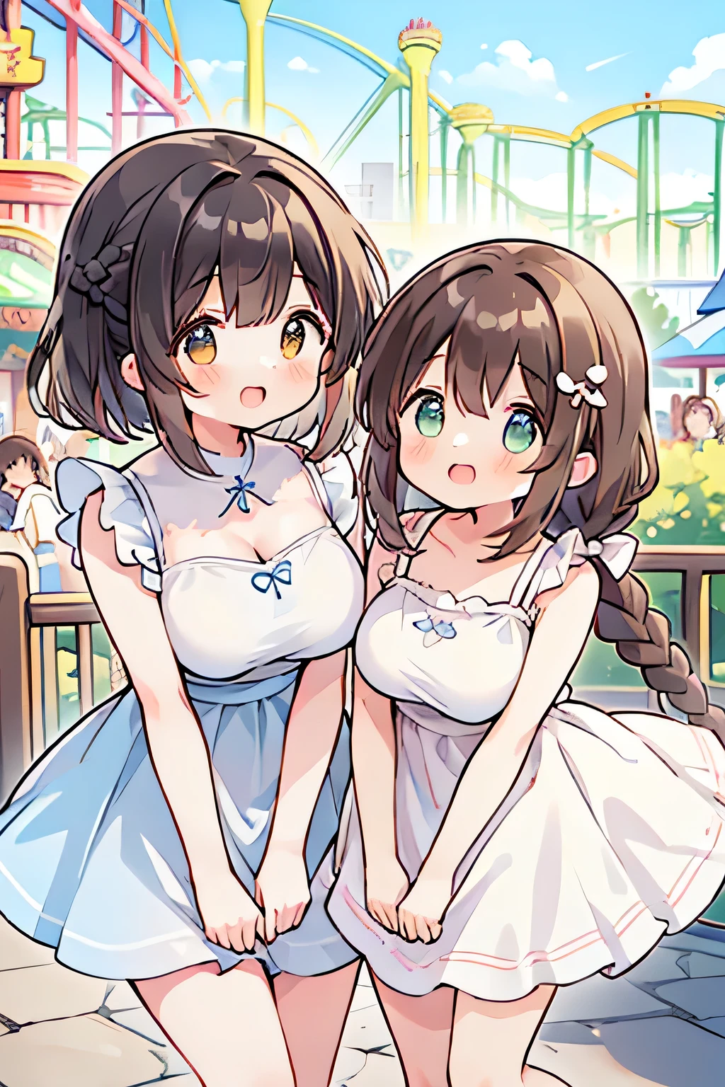 Highest quality、High resolution、Detailed Background、(Beautiful face in every detail:1.4)、Anatomically correct、(Detailed facial expressions)、Teenage beauty、(Huge breasts:1.2)、Perfect body line、cute色の髪の色、Brown Hair、Black Hair、Braided bob cut、Braided Ponytail、Wavy Hairstyle、well-groomed eyebrows、A fun atmosphere、smile、Amusement park date、

(Two beautiful girls having fun with friends at an amusement park:1.5)、

Cool dresses and shirt dresses、Shorts or shorts、Sandals or sneakers are recommended、
夏らしい華やかなピアスやネックレスをプラスするのがcuteです、cute
