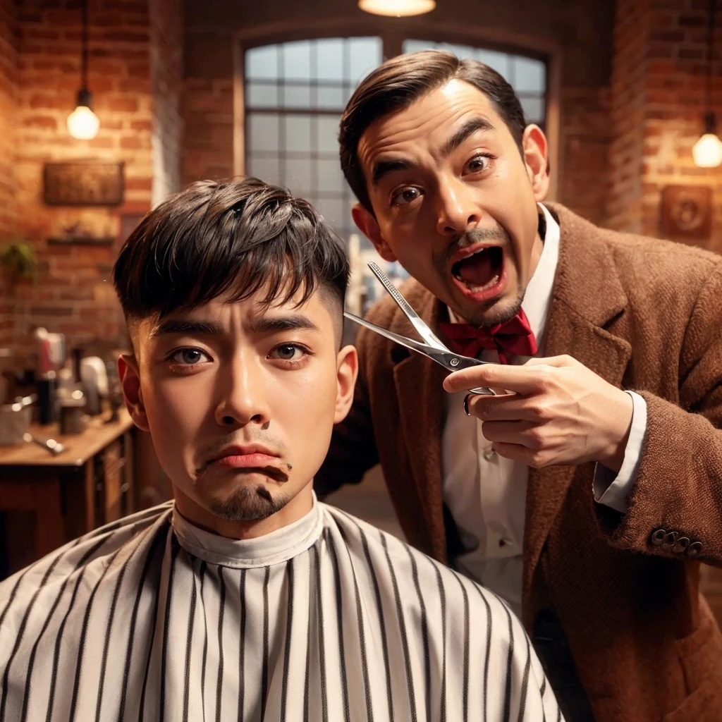 hyper realistic ,ultra detailed ,Very detailed scenes in 4K resolution asian men ,The 25 year old sat in the barber's chair with a disappointed expression.shaved the middle of his hair. A person who looked like Mr Bean next to him was holding scissors and had an exaggerated expression of surprise. The background shows a barbershop interior with brick walls and warm lighting, create a comfortable atmosphere. Exceptional clarity and detail.