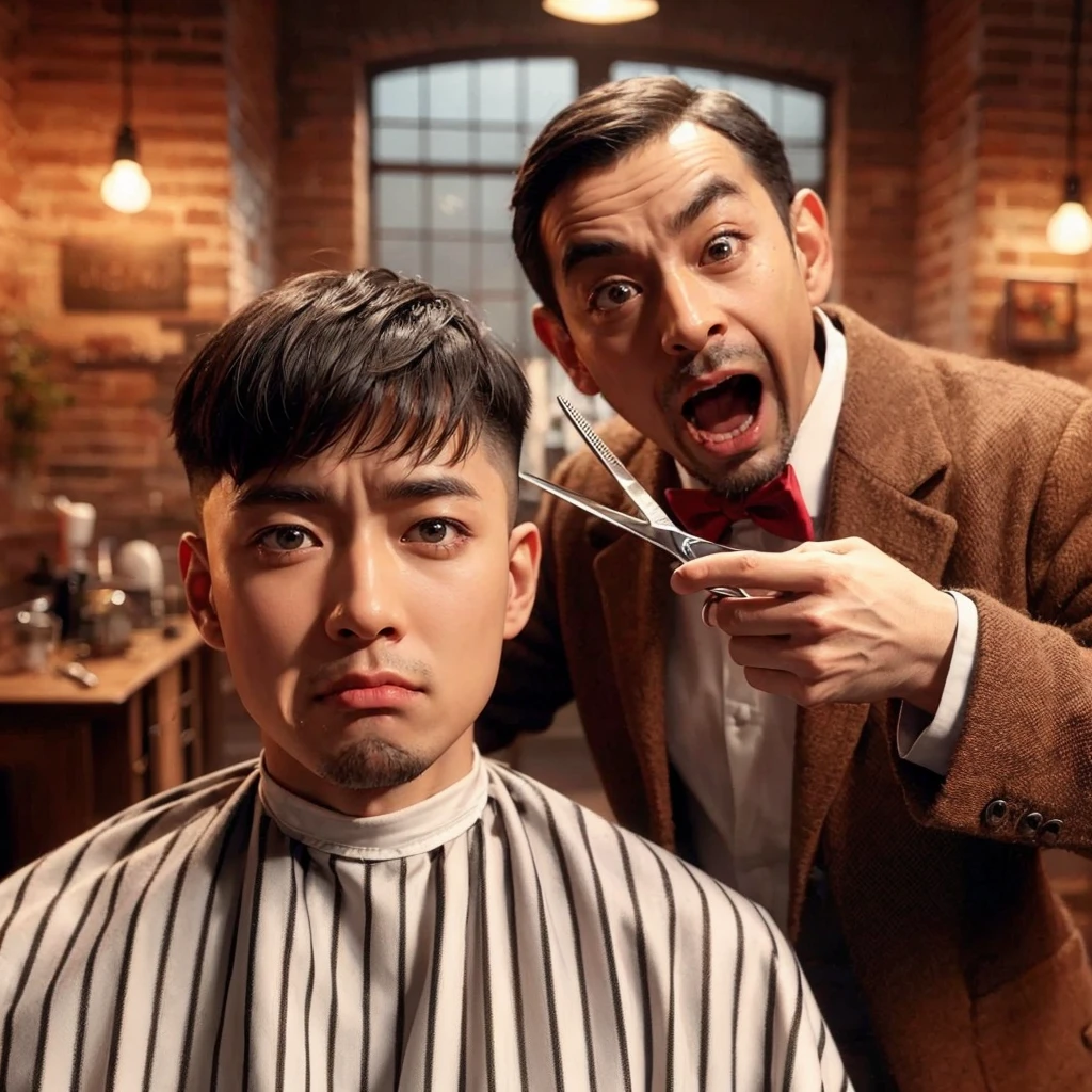 hyper realistic ,ultra detailed ,Very detailed scenes in 4K resolution asian men ,The 25 year old sat in the barber's chair with a disappointed expression.shaved the middle of his hair. A person who looked like Mr Bean next to him was holding scissors and had an exaggerated expression of surprise. The background shows a barbershop interior with brick walls and warm lighting, create a comfortable atmosphere. Exceptional clarity and detail.