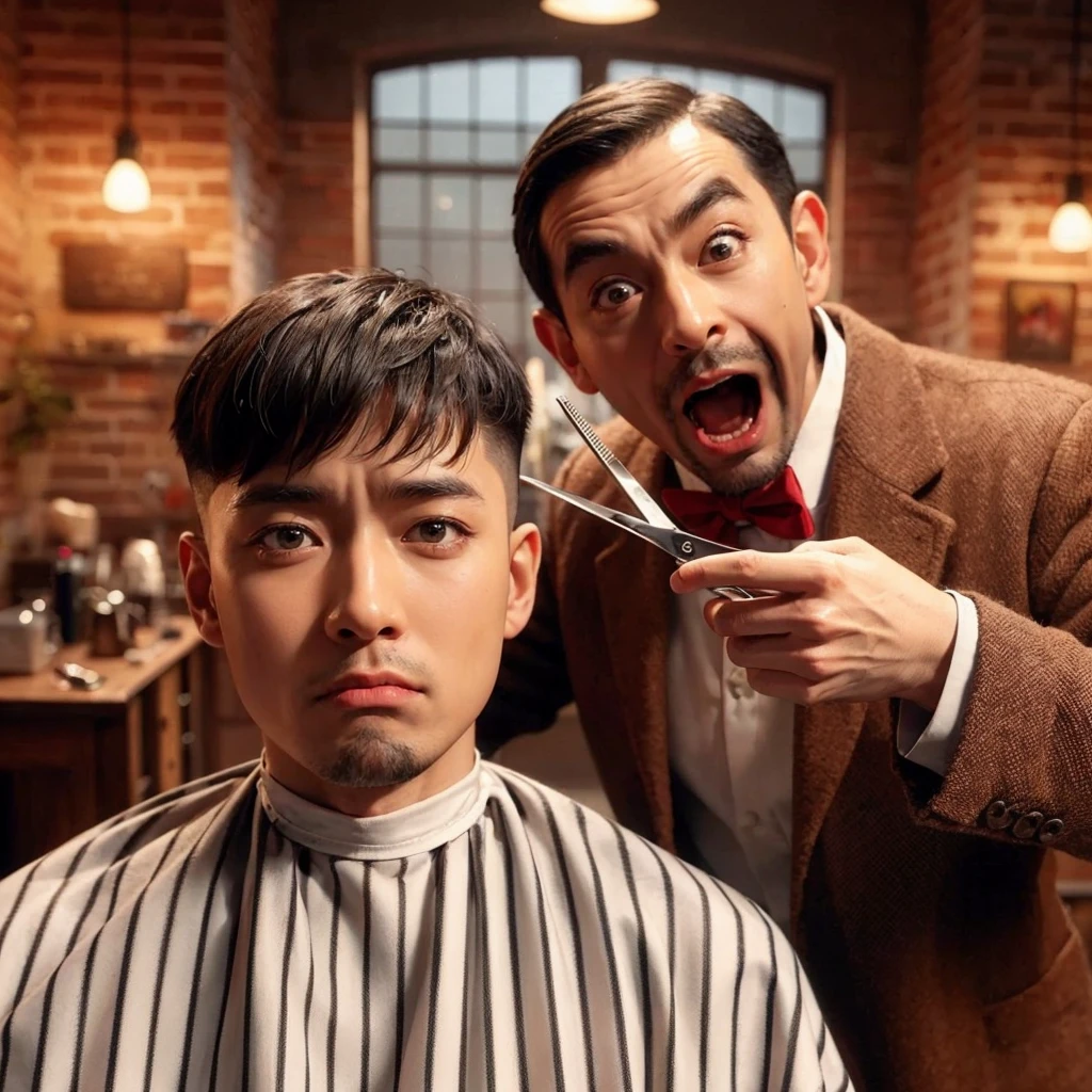 hyper realistic ,ultra detailed ,Very detailed scenes in 4K resolution asian men ,The 25 year old sat in the barber&#39;s chair with a disappointed expression.shaved the middle of his hair. A person who looked like Mr Bean next to him was holding scissors and had an exaggerated expression of surprise. The background shows a barbershop interior with brick walls and warm lighting, create a comfortable atmosphere. Exceptional clarity and detail.