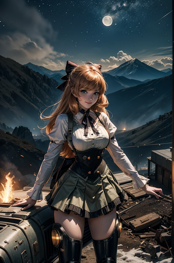 cowboy shot, dynamic pose, smile, underbust, Penny Polendina, long hair, neck ribbon, suspender skirt, corset, black bow, white blouse, mechanical legs, neon trim, standing in city ruins on hill, overlooking valley, BREAK night, stars, moon, snow, BREAK mountains in background, waterfall, vehicle wreck, crowd, (crowd in military uniform), bonfires, post-apocalypse, dystopian future, (volumetric lighting), intricate details, tonemapping, sharp focus, hyper detailed,