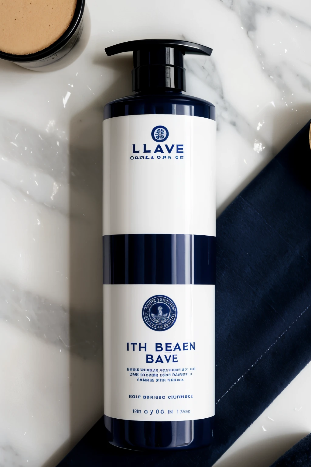a rectangular shampoo on the edges and half oval on the upper left corner that has the name called laden, the central part a little going to the left at the top. the part of the navy blue lid and the shampoo bottle a white with texture and relief Of marble