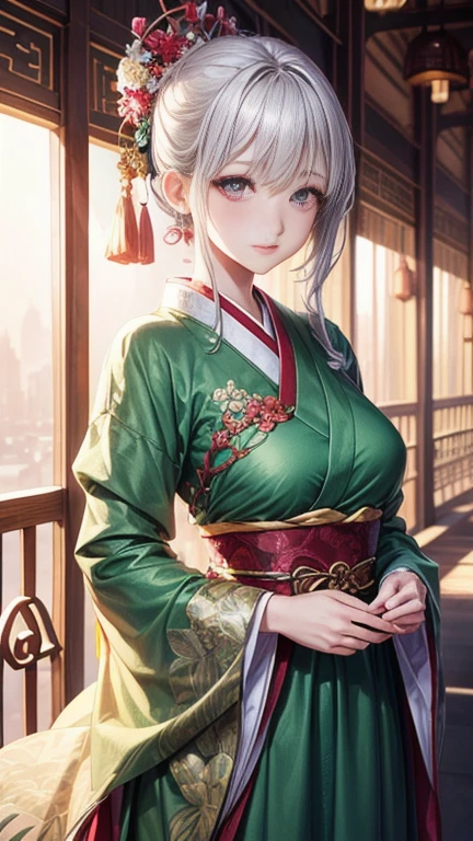 There is a married Japanese woman wearing a green dress., Oriental Architecture Ray Tracing, {Highest quality}, {{masterpiece}}, 非常に詳細な8k wallpaper, {Very delicate and beautiful}, Colorful and exquisite details, Realistic, Realistic, Camera quality, (Detailed depiction of clothing), Cool white skin, (Detailed depiction of blush), 1080P, sun, Soft cuteness, Smooth, bright silver hair, Messy Beauty, Enlighten, Broken Feelings、Brighter, smoother skin、3D stereoscopic vision、masterpiece、Highest quality、Ultra-fine illustrations、Beautiful Eyes、Very beautiful light、High-quality shine、Very beautiful 8K CG wallpaper、Pink eyes、Red pupils、Very delicate and beautiful、8k wallpaper、Highest quality、Portraiture、Long green dress、Luxurious silky bright red chiffon floodlight(magic、about、Ultra slim、soft、Hanfu