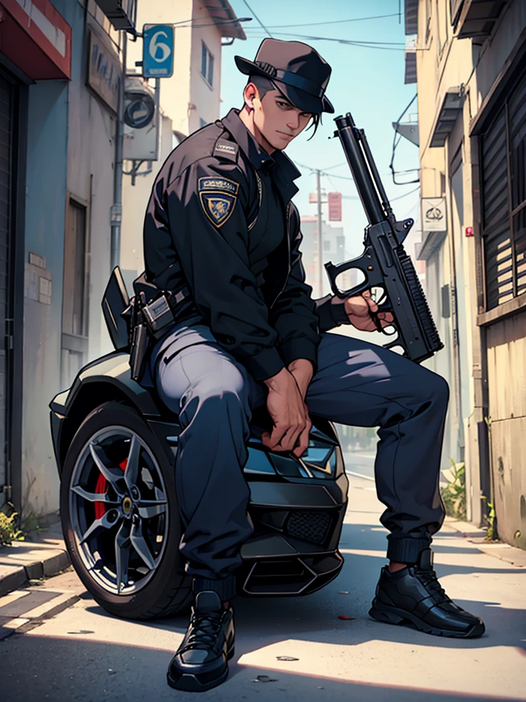 Man dressed as a criminal with an AK47 in his right hand is sitting in a Lamborghini