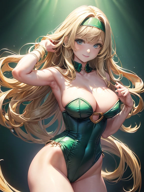 (figure, High resolution, masterpiece, Super detailed, 1 Girl:1.4), 18-year-old, Height: 172cm, beautiful, Incomparably cute, sexy, Large Breasts, (Bright blonde, Super long hair with loose waves), (Put your bangs up), (blue headband on forehead), (Blue eyes), Large sagging eyes),  (Emerald green plain high leg bustier leotard:1.4), (Blue belt with round buckle), whole body, Place your hands behind your head, blush, smile, (A short blue wristband), No neck decoration, Exposed décolletage area, (Exposed arms), (Blue knee-high boots), Noise Reduction, grassland
