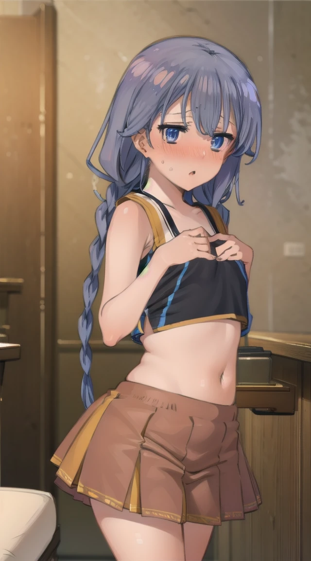 1girl,
BREAK ((twin braids, long hair, blue hair, blue eyes:1))
BREAK ((flat chest,cheerleader,flustered,blushing,red:1.5))
BREAK indoors,
BREAK looking at viewer, 
BREAK (masterpiece:1.2), best quality, high resolution, unity 8k wallpaper, (illustration:0.8), (beautiful detailed eyes:1.6), extremely detailed face, perfect lighting, extremely detailed CG, (perfect hands, perfect anatomy),