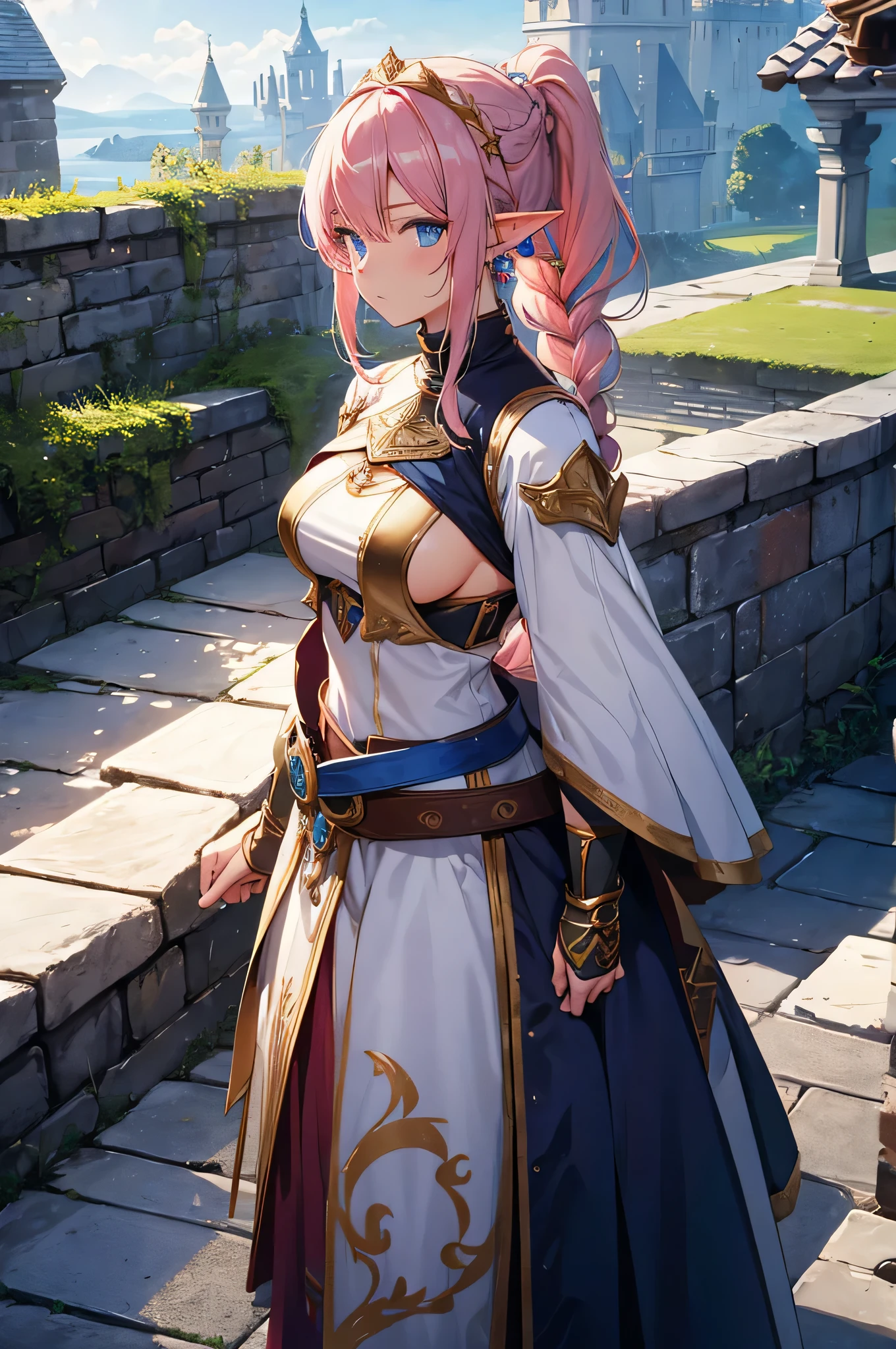 4K,High resolution,One Woman,Elf,Pink Hair,Long Ponytail,Braid,Blue Eyes,Big Breasts,knight,White sacred armor,Full Armor,Sideboob,hair band,Gold decoration,Jewelry decoration,Long sword,Medieval castle