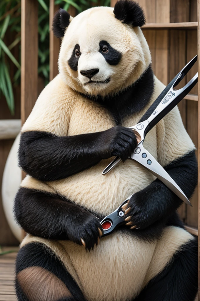 panda with beard, serious, scissors in hands