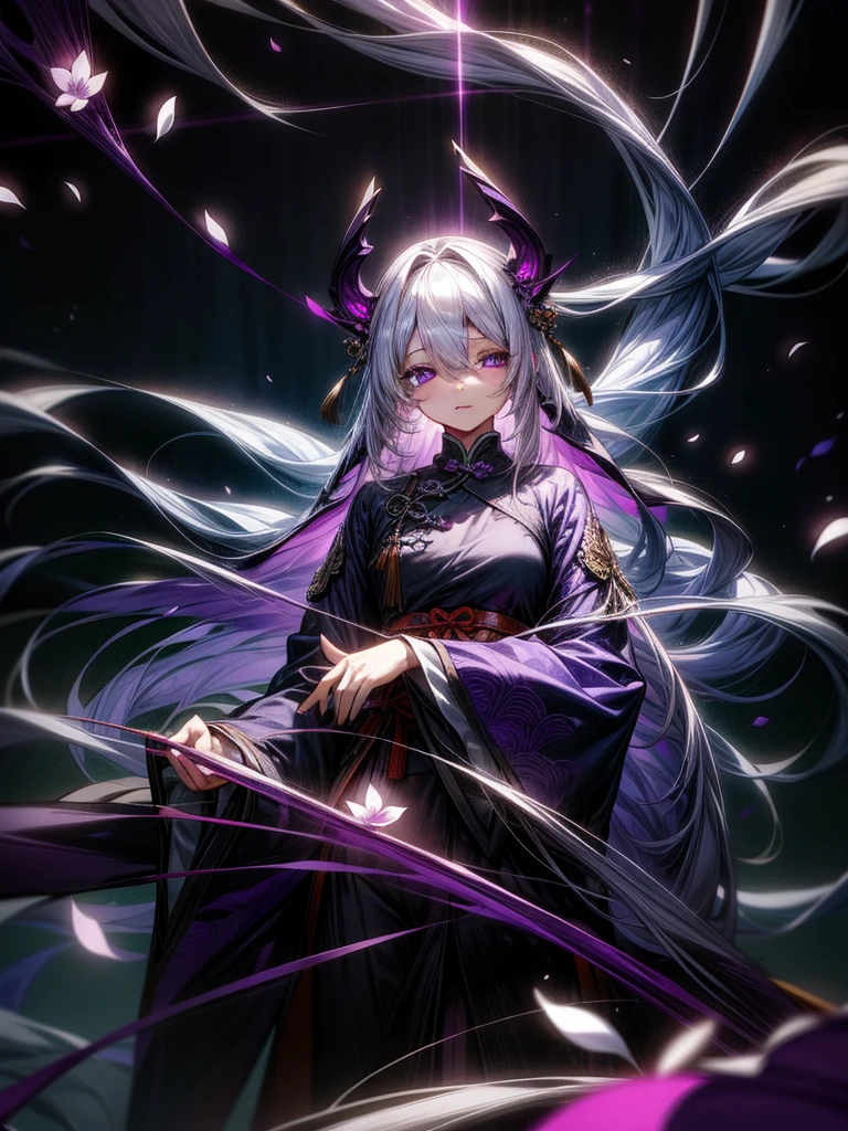 1girl, female, very long hair, white hair, hair covering one eye, purple eyes, purple petals, purple effects, chinese clothes, masterpiece, high quality, no hands,