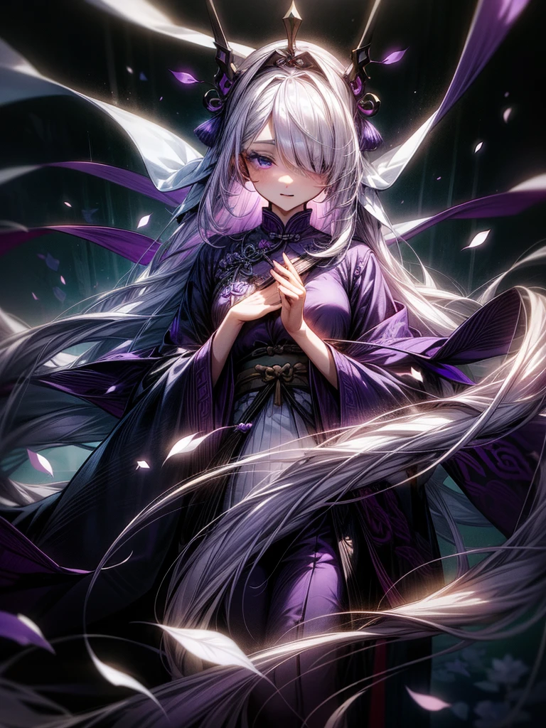 1girl, female, very long hair, white hair, hair covering one eye, purple eyes, purple petals, purple effects, chinese clothes, masterpiece, high quality, no hands,