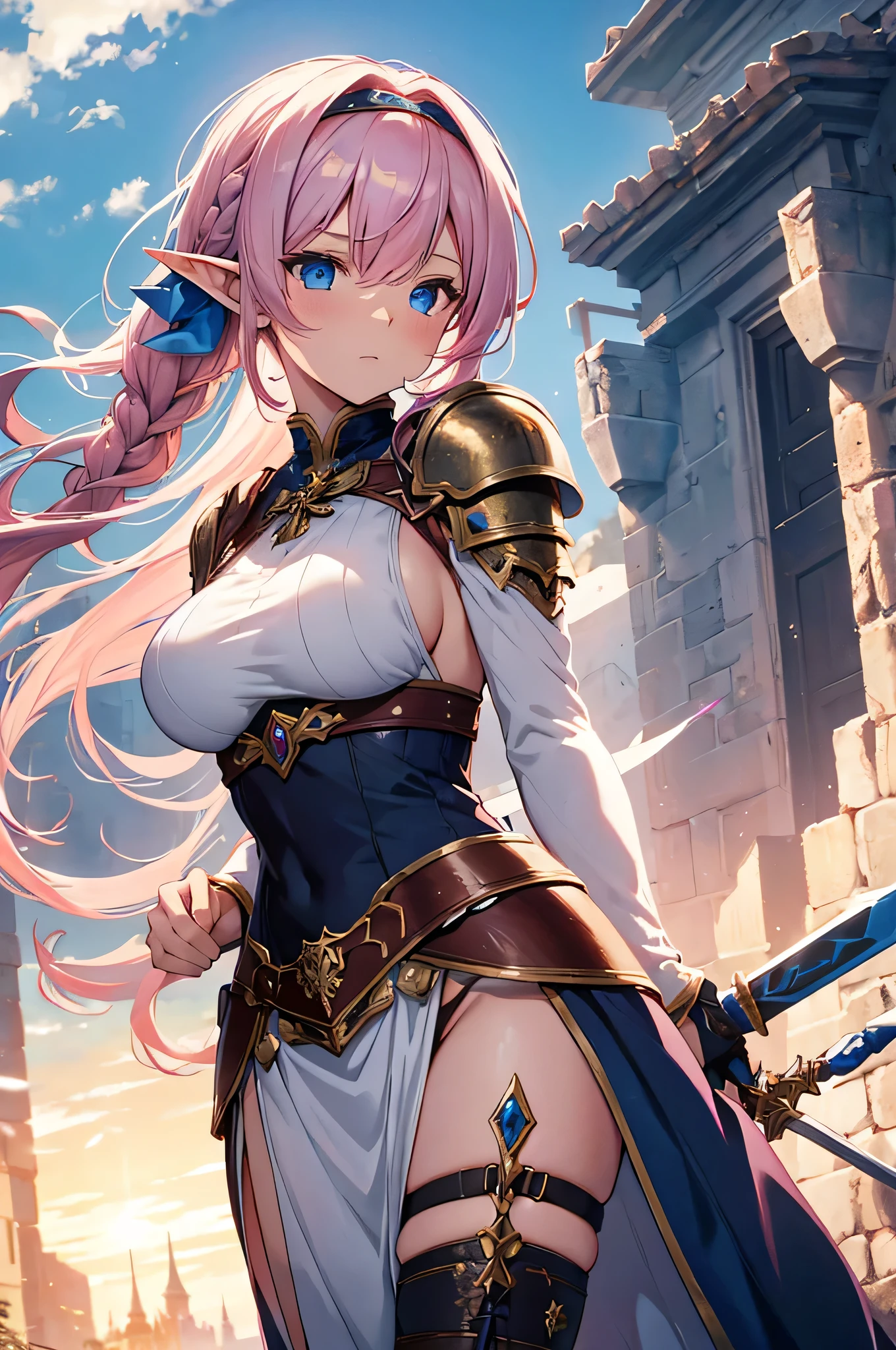 4K,High resolution,One Woman,Elf,Pink Hair,Long Ponytail,Braid,Blue Eyes,Big Breasts,knight,White sacred armor,Full Armor,Sideboob,hair band,Gold decoration,Jewelry decoration,Long sword,Medieval castle