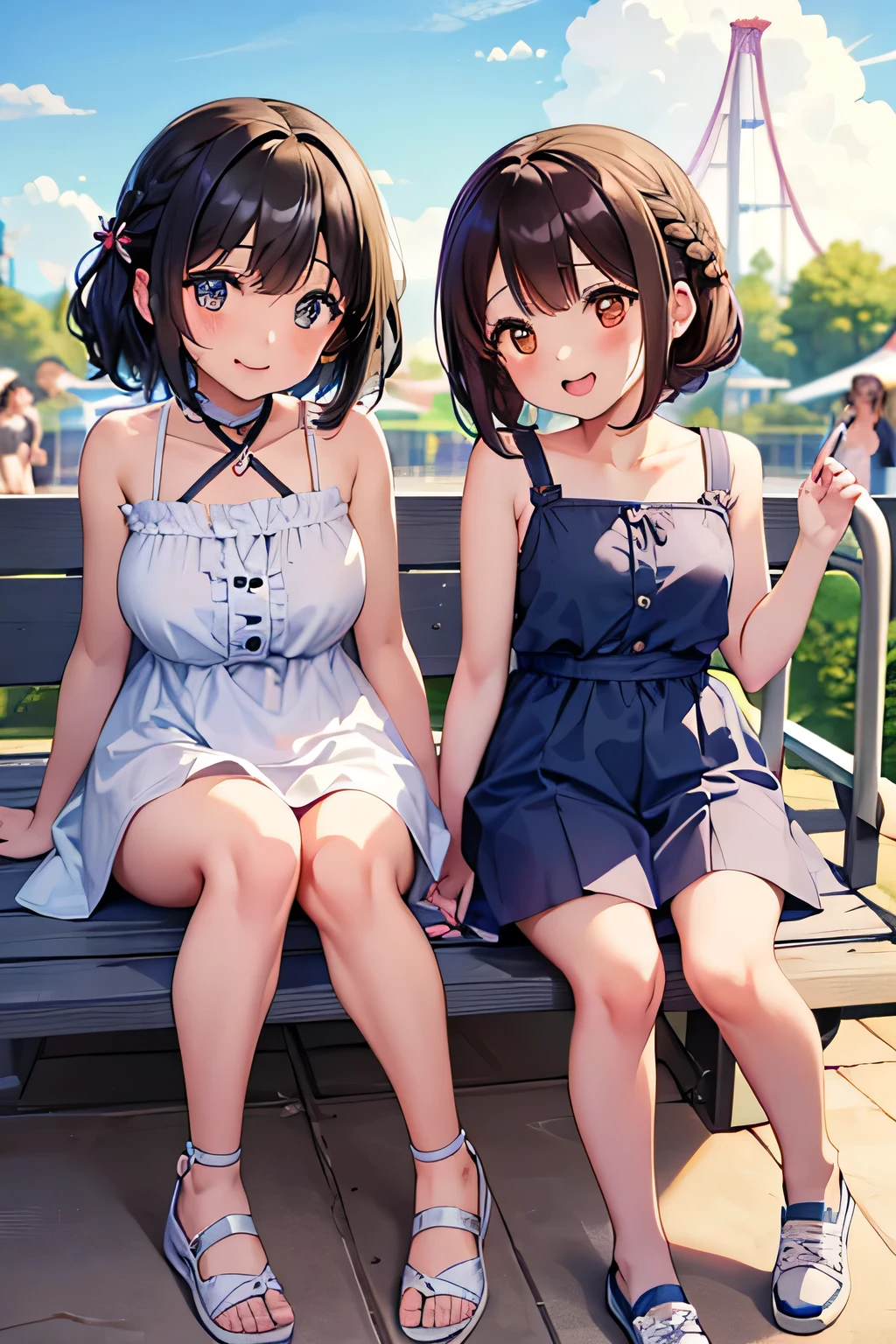 Highest quality、High resolution、Detailed Background、(Beautiful face in every detail:1.4)、Anatomically correct、(Detailed facial expressions)、age beauty、(Huge breasts:1.2)、Perfect body line、cute色の髪の色、Brown Hair、Black Hair、Braided bob cut、Braided Ponytail、Wavy Hairstyle、well-groomed eyebrows、A fun atmosphere、smile、Amusement park date、
(Two beautiful girls having fun with friends at an amusement park:1.5)、
Cool dresses and shirt dresses、Shorts or shorts、Sandals or sneakers are recommended、
夏らしい華やかなピアスやネックレスをプラスするのがcuteです、cute