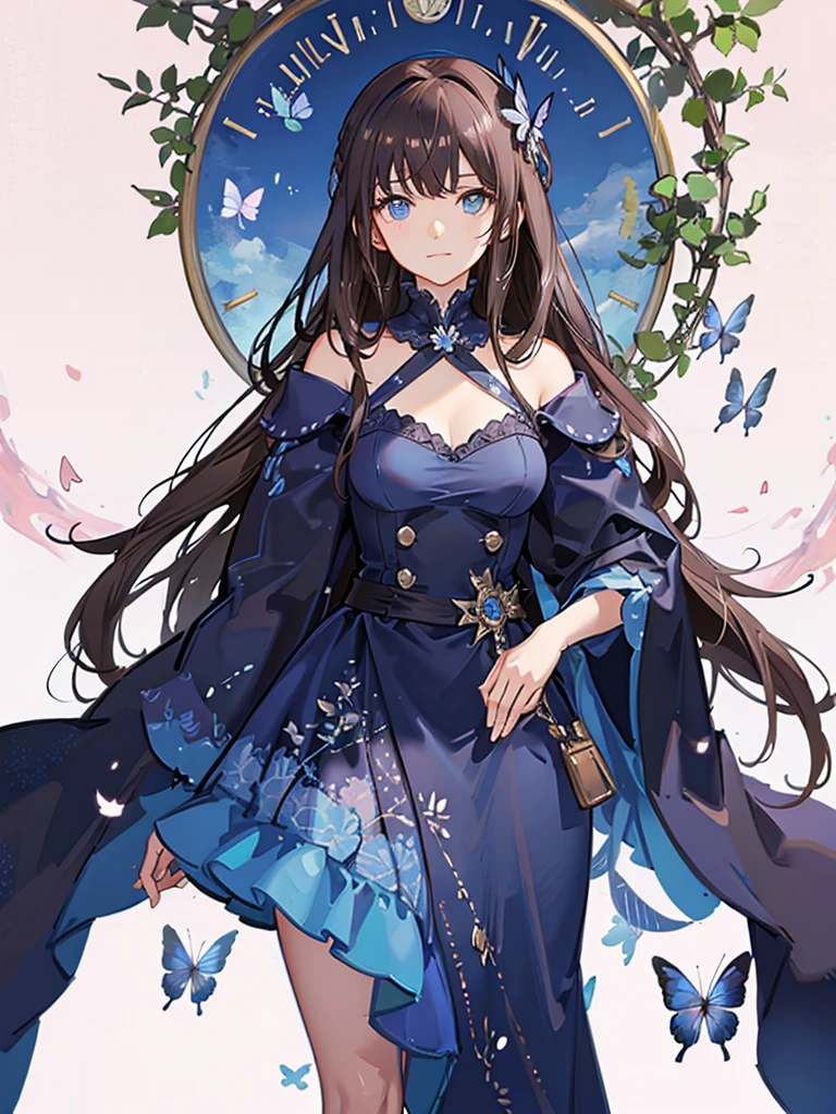 Adult, long brown hair with bangs, blue eyes, blue and pink butterflies, 