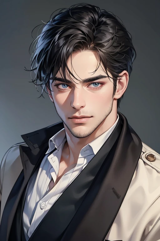 (best quality,4k,8k,highres,masterpiece:1.2),ultra-detailed,(realistic,photorealistic,photo-realistic:1.37),30 year old man,3 day beard,handsome anime,portraits,strong,masculine,dark hair,sharp jawline,mesmerizing eyes,perfectly styled hair,cool anime outfit,confident expression,vibrant colors,dynamic lighting, CEO and expression smile in love.