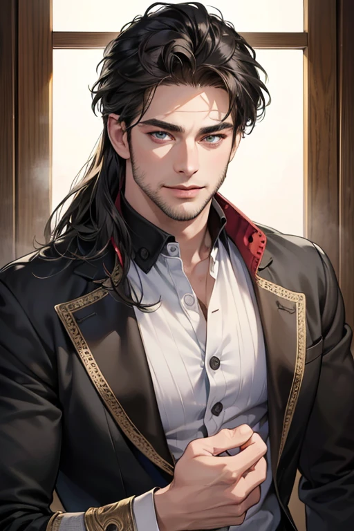 (best quality,4k,8k,highres,masterpiece:1.2),ultra-detailed,(realistic,photorealistic,photo-realistic:1.37),30 year old man,3 day beard,handsome anime,portraits,strong,masculine,dark hair,sharp jawline,mesmerizing eyes,perfectly styled hair,cool anime outfit,confident expression,vibrant colors,dynamic lighting, CEO and expression smile in love.

