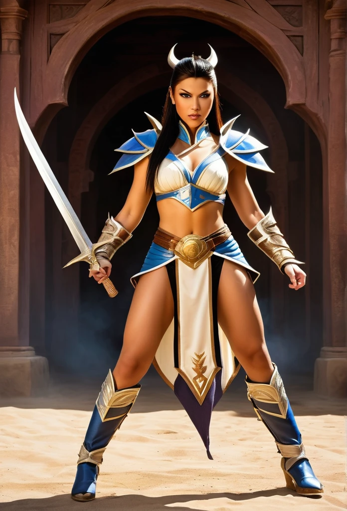 "Kitana, a teenage character from Mortal Kombat, dressed as a warrior princess, training under the supervision of Shao Kahn. She is at a training camp, demonstrating skill with her mortal fans, while Shao Kahn watches with a stern look." With her highly detailed, confident classic game costume. Her attire includes thigh-high boots and elbow-length gloves, adding to her formidable appearance. Quality 0.5 8K, best quality, art, illustration, extremely delicate and beautiful, very detailed, CG, wallpaper, (real, photo-real: 1.37), incredible, science fiction, exquisite details, electroplated silver