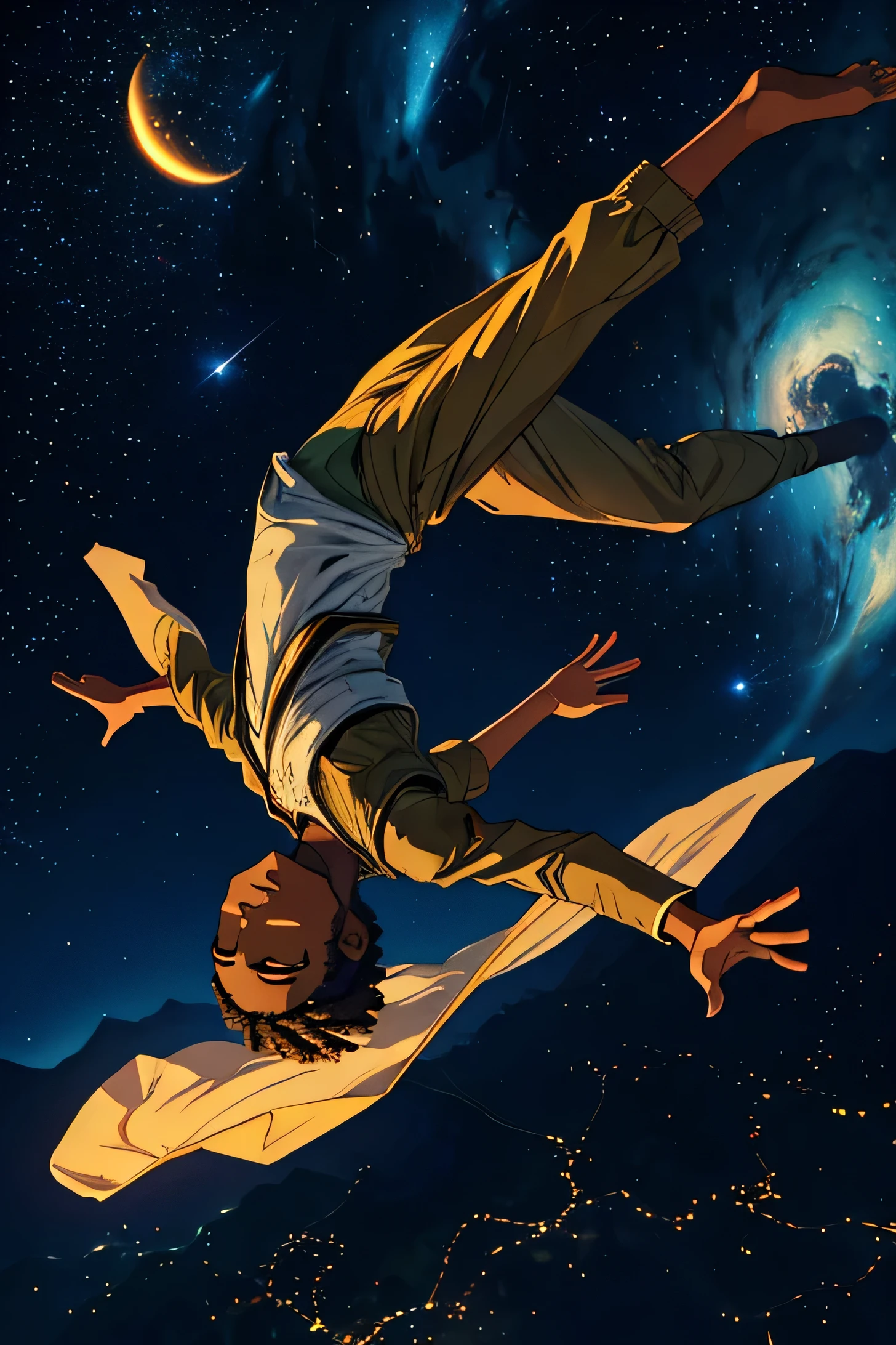 AFRICAN BOY,FLYING,flying on his back,floating backwards,gliding,LEVITATING,FLOATING in the air,flight,outstretched arms,relaxed,bliss ,Night Sky View only , evening,stars sky, night aesthestic