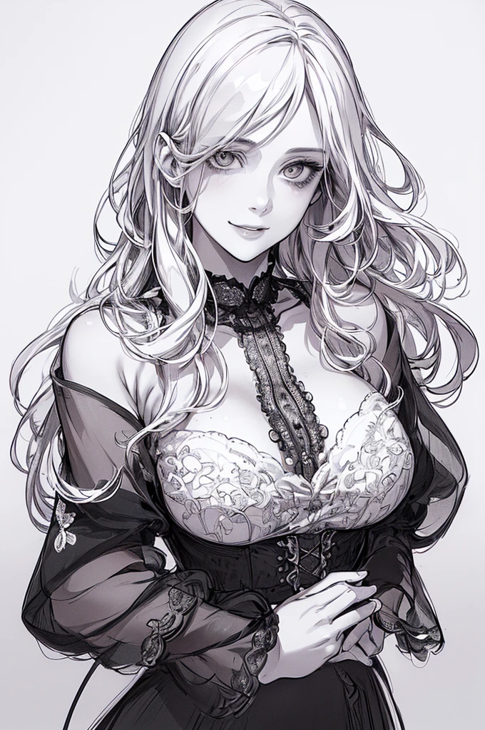 Highest quality, (Background duplication), High Contrast, Super Beauty, Original illustration details, Sensual, Delicate face, Charm, Great atmosphere, sexy, Real breasts, Crazy Smile, Crazy Eyes, looking at the camera, (White Background:1.5), Beautiful line art, Monochrome