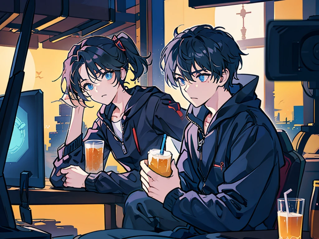 into the image, To the left, we have an anime style character, and a robot on the other side. He's sitting in a comfortable chair, wearing nightwear, including a pair of black sweatpants. The environment around him is a dark room with a gamer setup in the background., illuminated only by the lights of monitors and keyboards.

The character is holding a beautiful beer, appearing relaxed and enjoying the moment. On the right side of the character, there is a robot that is standing, also holding a drink. It looks like the two are in a lively conversation, perhaps discussing something related to gaming or technology, given the presence of the gamer setup in the background.

The scene conveys a relaxed and modern atmosphere, combining anime elements with technology and a gamer environment.