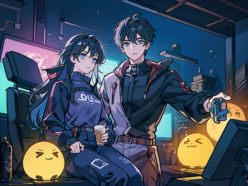 into the image, To the left, we have an anime style character, and a robot on the other side. He's sitting in a comfortable chair, wearing nightwear, including a pair of black sweatpants. The environment around him is a dark room with a gamer setup in the background., illuminated only by the lights of monitors and keyboards.
The character is holding a beautiful beer, appearing relaxed and enjoying the moment. On the right side of the character, there is a robot that is standing, also holding a drink. It looks like the two are in a lively conversation, perhaps discussing something related to gaming or technology, given the presence of the gamer setup in the background.
The scene conveys a relaxed and modern atmosphere, combining anime elements with technology and a gamer environment.