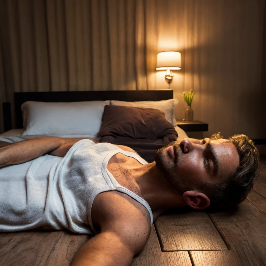 a handsome man lying on the floor, listening to music, feet on the bed, intricate details, photorealistic, cinematic lighting, high resolution, 8k, hyperrealistic, sharp focus, ultra-detailed, extremely detailed, realistic, stunning, dramatic lighting, moody atmosphere, warm tones, cozy room interior, wooden floor, bed with soft sheets, minimalist decor, headphones, focused expression, natural pose, beautiful face, strong jawline, perfect skin, gorgeous eyes, detailed facial features, stubble, wearing a white tank top and plaid boxers,