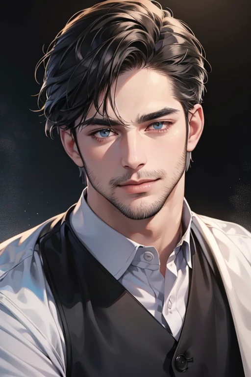 (best quality,4k,8k,highres,masterpiece:1.2),ultra-detailed,(realistic,photorealistic,photo-realistic:1.37),30 year old man,3 day beard,handsome anime,portraits,strong,masculine,dark hair,sharp jawline,mesmerizing eyes,perfectly styled hair,cool anime outfit,confident expression,vibrant colors,dynamic lighting, CEO and expression smile in love.

