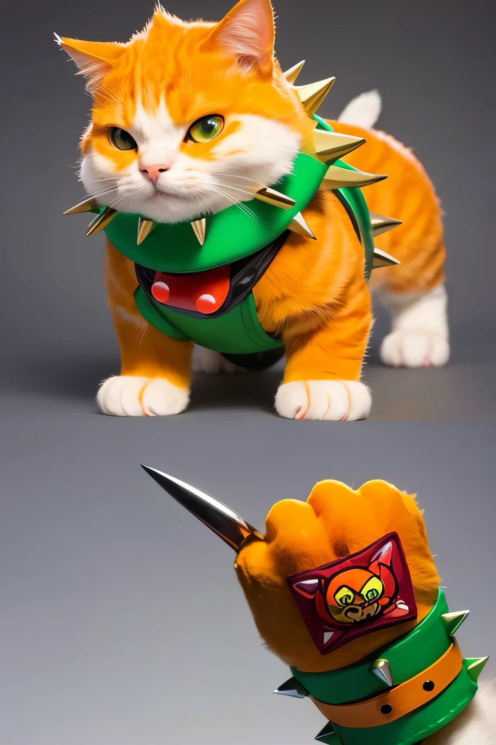 "Create an image of a character with the face of a cat and the body of Bowser from the Mario series. The cat's face should have a mischievous expression with green eyes and orange fur. The body should be Bowser's typical muscular form with a green shell adorned with white spikes, and his iconic spiked wristbands. The image should be in a detailed anime style, with vibrant colors and a dynamic pose as if ready to breathe fire. The background should be a simple gradient or left transparent."