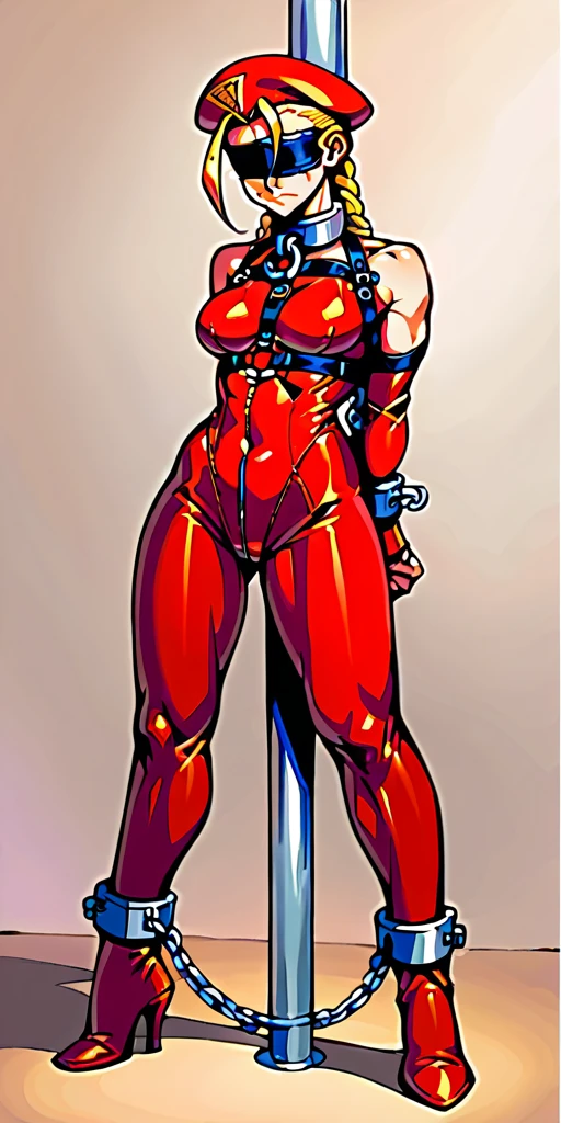 (masterpiece, best quality), intricate details, 1sologirl Cammy White from Street Fighter (standing full body toe to head by wooden pole:1.2) iron collar, arms behind back, iron cuffs, shackles, bound, bondage outfit, harness, o-ring, bondage outfit blindfolded cover eyes, closed mouth happy red cheeks, chain leash collar choker neck bell shackles wristbands bracers bracelets, cleave gag