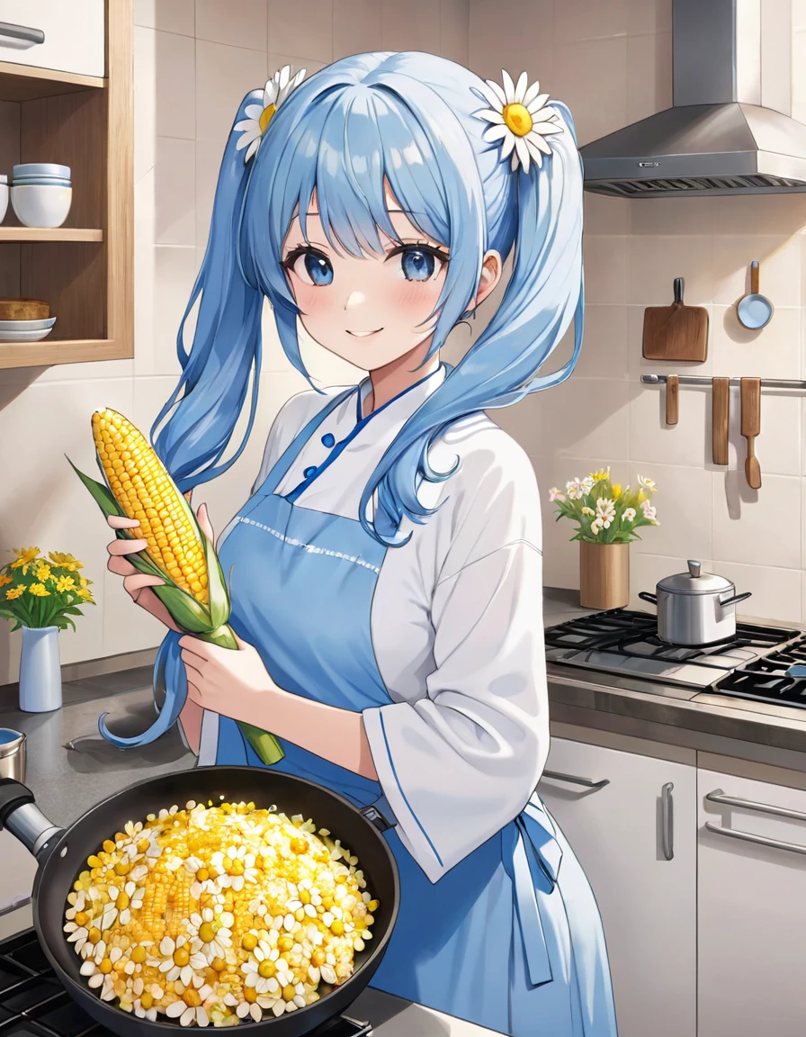 A kitchen decorated with lots of daisies、The corn is piled in a basket、Light blue long hair、beautiful girl with twin tails、Smiling while grilling corn、The girl is holding corn、Kitchen bathed in morning sun、A kitchen full of flowers