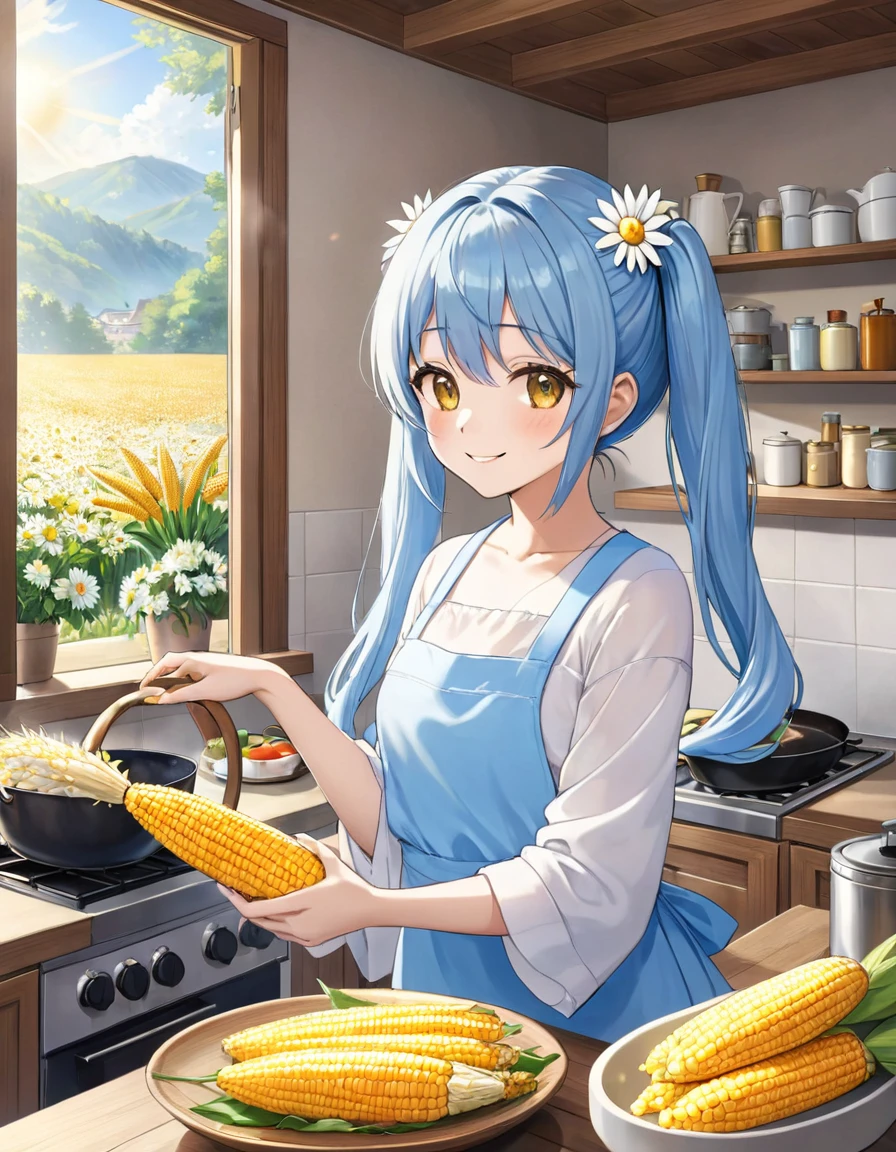A kitchen decorated with lots of daisies、The corn is piled in a basket、Light blue long hair、beautiful girl with twin tails、Smiling while grilling corn、The girl is holding corn、Kitchen bathed in morning sun、A kitchen full of flowers