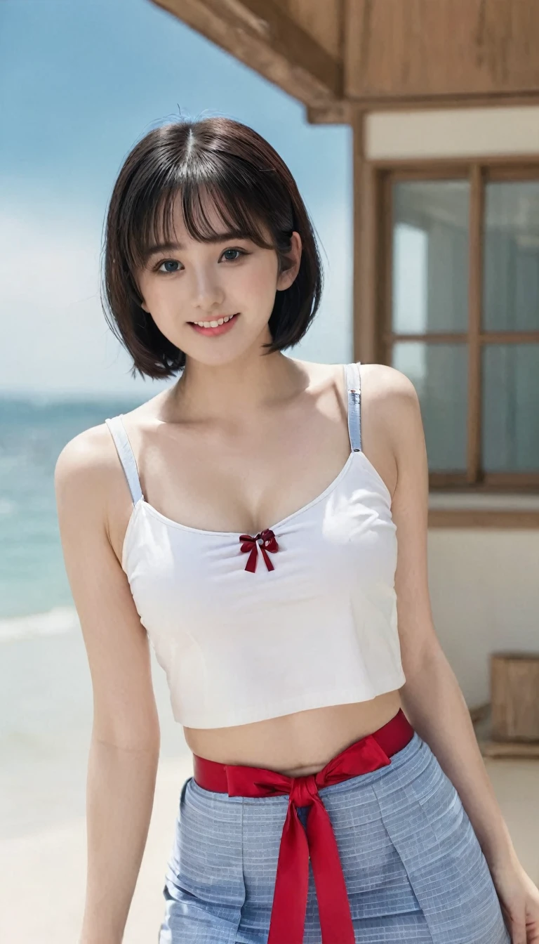 Cosmetics, mini skirt, coffret, bikini swimsuit, coffret,1girl, solo, blush, looking_at_viewer, smile, short_hair, open_mouth, black_hair, red_eyes, shirt, ribbon, original, navel, hair_ribbon, upper_body, short_sleeves, white_shirt, midriff, belt, sailor_collar, sweatdrop, blue_sailor_collar