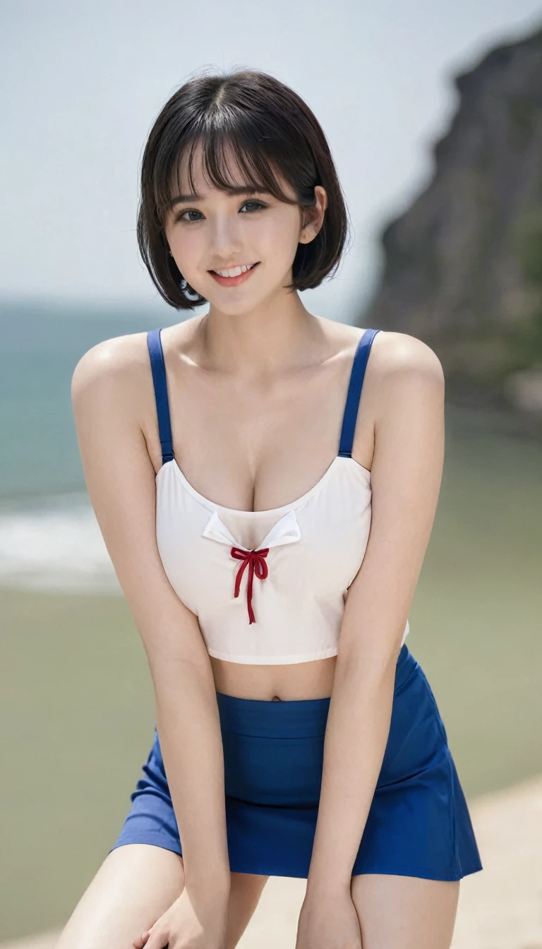 Cosmetics, mini skirt, coffret, bikini swimsuit, coffret,1girl, solo, blush, looking_at_viewer, smile, short_hair, open_mouth, black_hair, red_eyes, shirt, ribbon, original, navel, hair_ribbon, upper_body, short_sleeves, white_shirt, midriff, belt, sailor_collar, sweatdrop, blue_sailor_collar