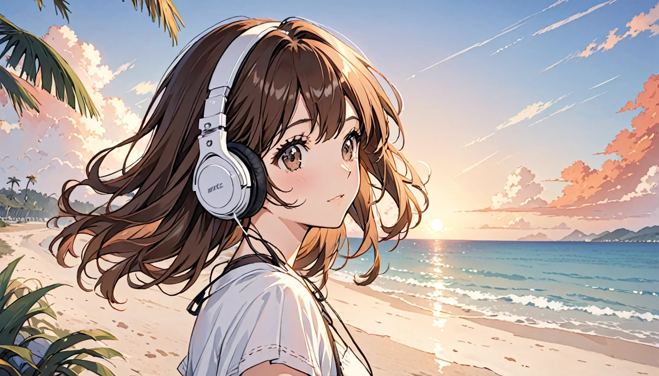 Girl wearing headphones,Brown Hair,One girl,The background is a sunset,beach