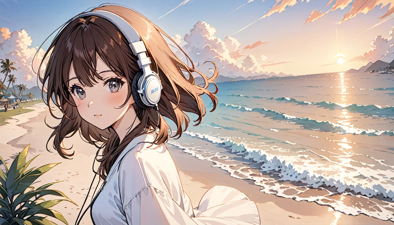 Girl wearing headphones,Brown Hair,One girl,The background is a sunset,beach