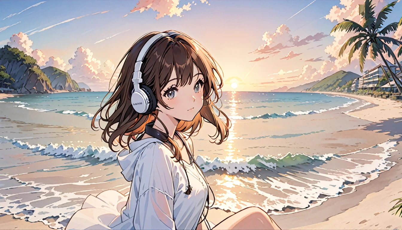 Girl wearing headphones,Brown Hair,One girl,The background is a sunset,beach