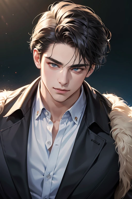 (best quality,4k,8k,highres,masterpiece:1.2),ultra-detailed,(realistic,photorealistic,photo-realistic:1.37),30 year old man,3 day beard,handsome anime,portraits,strong,masculine,dark hair,sharp jawline,mesmerizing eyes,perfectly styled hair,cool anime outfit,confident expression,vibrant colors,dynamic lighting, CEO and expression smile in love.