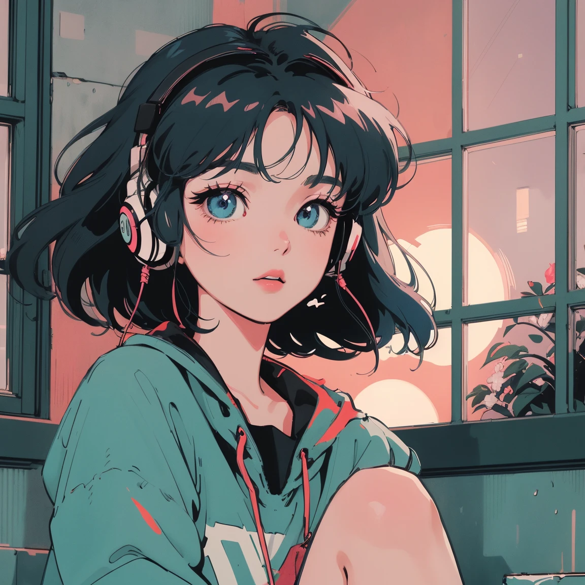 manga style, classical, art by akira toriyama, (1girl) ,((lomg black hair with pastel blue highlights, hime cut, blunt bangs)), white shirt, black vest, gray maxi mini skirt, sparkling eyes, crystal blue eyes, laying in bed ,bedroom background, detailed bedroom,blush