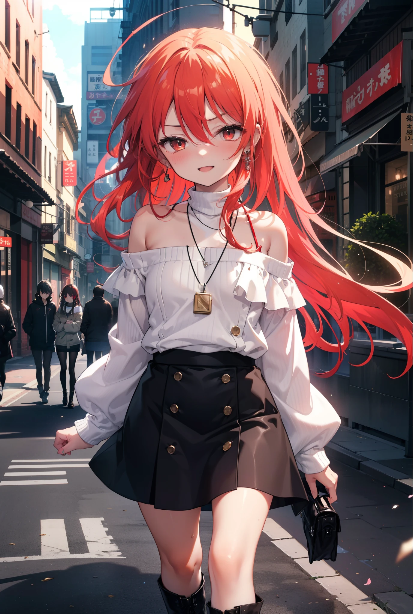 Shana,灼眼のShana,Long Hair, Red Hair, Red eyes,Ahoge,happy smile, smile, Open your mouth,Oversized off-the-shoulder sweater,Bare shoulders,bare clavicle,Bare neck,Locket Necklace,black long skirt,short boots,Daytime,sunny,Walking,whole bodyがイラストに入るように, break outdoors, Building district, break looking at viewer, whole body, break (masterpiece:1.2), Highest quality, High resolution, unity 8k wallpaper, (shape:0.8), (Beautiful attention to detail:1.6), Highly detailed face, Perfect lighting, Highly detailed CG, (Perfect hands, Perfect Anatomy),