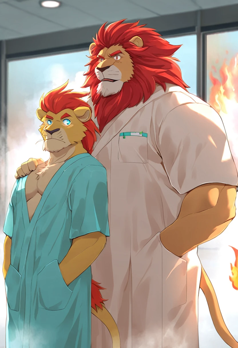 lion,personification,Mature male,Strong Man,Fire-red hair,naked,crazy expression,Cyan pupils,Fiery red eyebrows,Hospital gown set,Hands in pockets,The Age of Steam,Hospital Office。