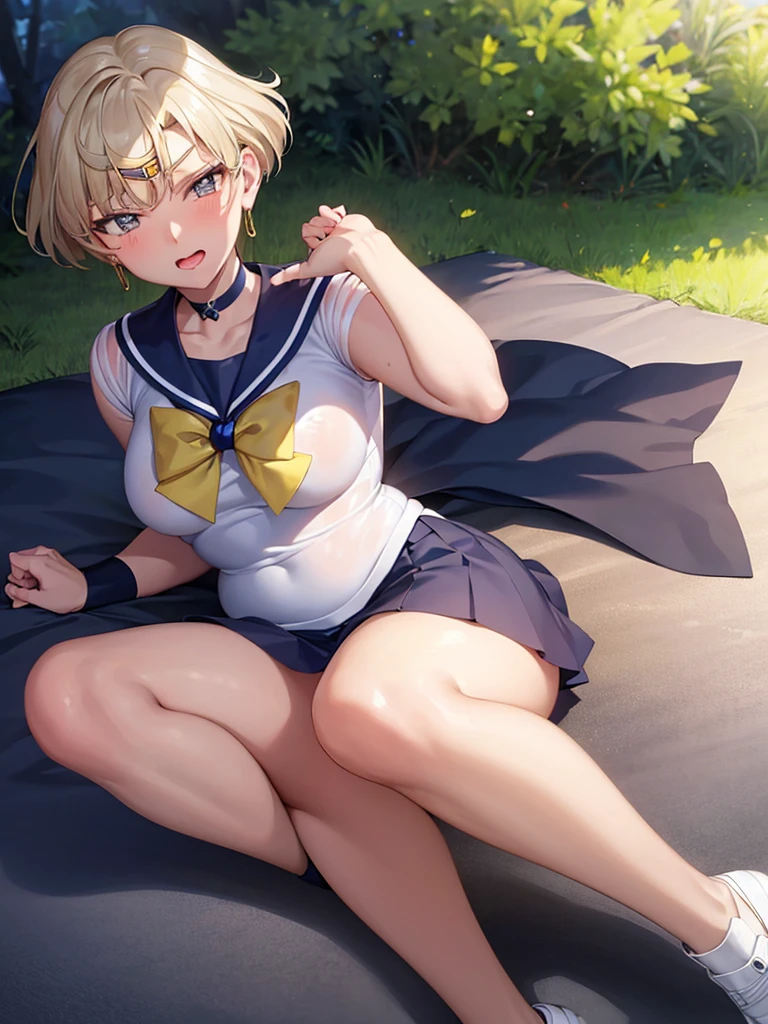 (masterpiece), highest quality, Expressive eyes, Perfect Face, Open your mouth, cum on tongue, Cum in mouth, tongue, tongue out, short hair, blush, , Ahegao, Medium chest, short hair, Sailor Moon Uranus, blonde, blush, Sweat、((naked))、Blowjob,penis、penis,Bend your legs,Big nipples,1Faceless middle-aged man、Selfie, lie down in bed with both arms extended above the head and placed behind the pillow, anime girl lying down, expose plump breasts, whole body, plump thighs, Natural Pose, beautifully, cute, Fix errors without any awkwardness, tall, I have long legs, Wearing (tomoeda_초등school_school_Uniform),black top, tennis mini skirt,cry in shame, wearing white ankle socks, random sexy poses, Woman in her 30s
