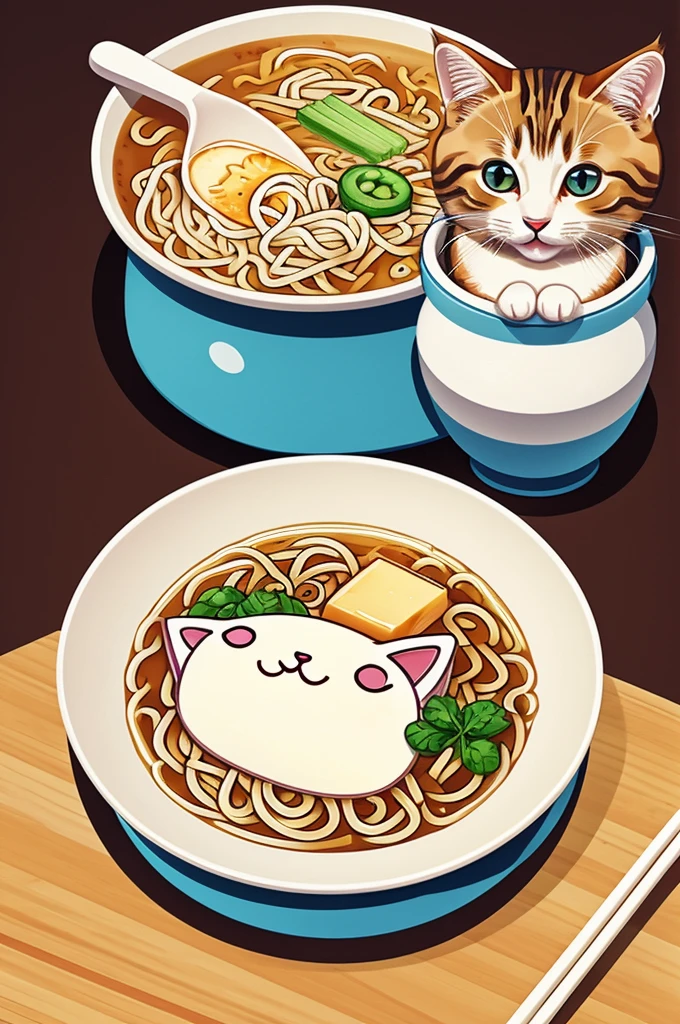 Adorable cat drawing, kawaii style savoring a delicious bowl of ramen