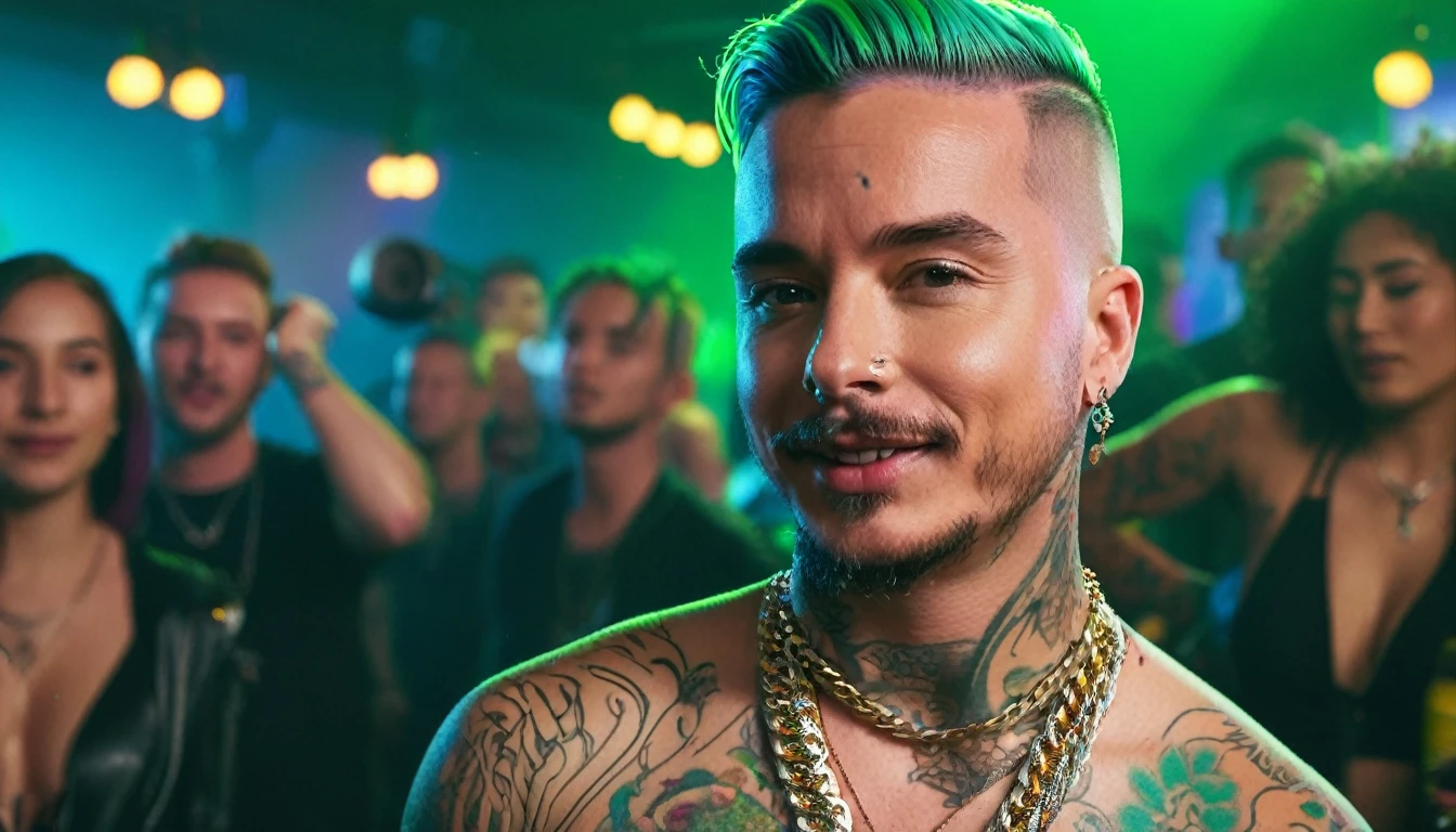 (1man), singer j balvin an eye contact, green hair, (buzz cut hair,) beard wearing a necklace, (detailed body tattoo: 1.4), (detailed music club: 1.4), ((cinematic light)), (detailed faces: 1.4), highres, RAW photo 8k uhd, dslr, (bloom:1.1), (club with people dancing and enjoying the parties,) upbeat music playing in the background, vibrant and energetic atmosphere, vivid colors, happy face), (smoother lighting:1.05), (increase cinematic lighting quality:0.9),